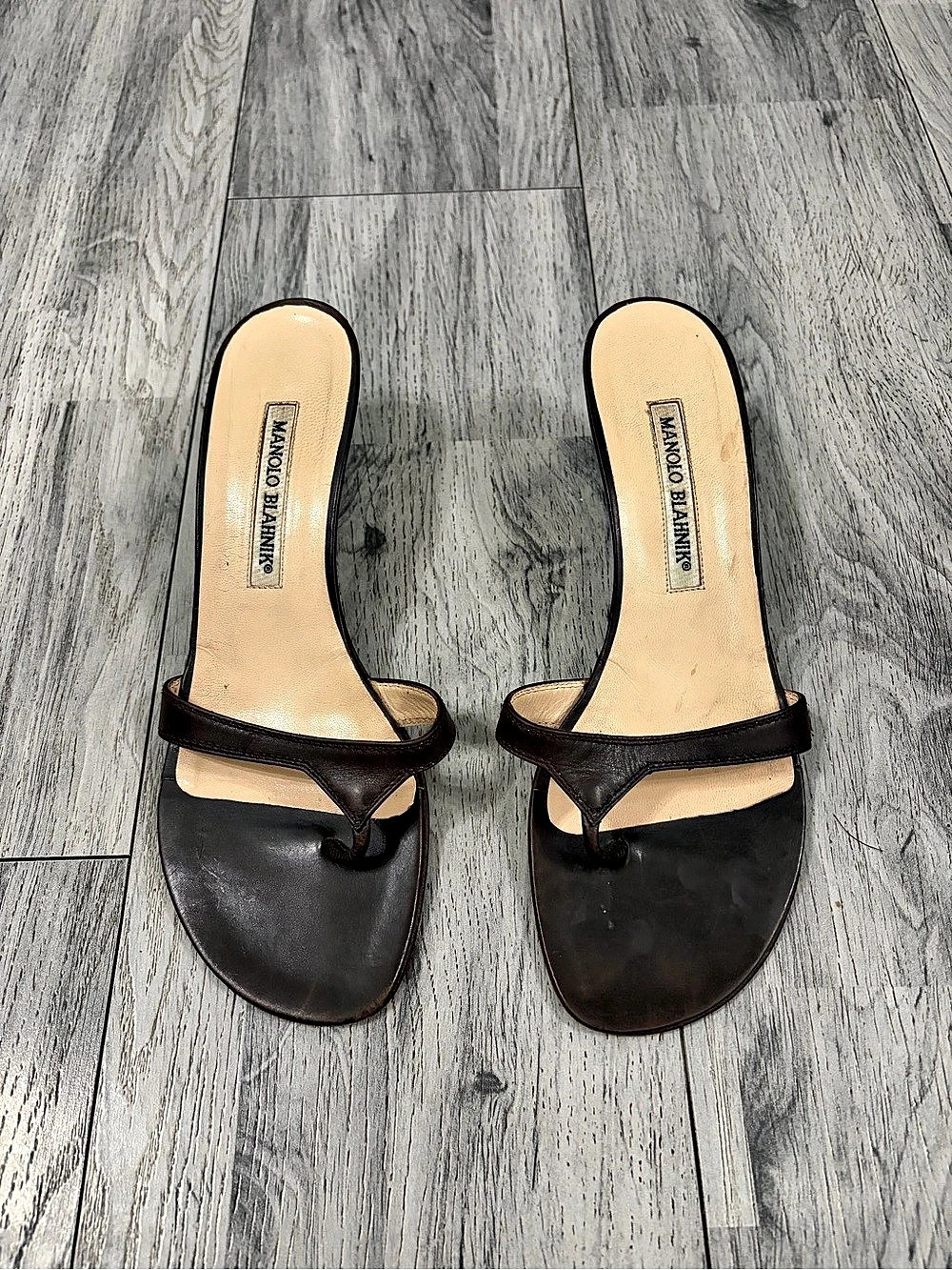 Manolo Blahnik Brown Heeled Thong Sandals EU 37